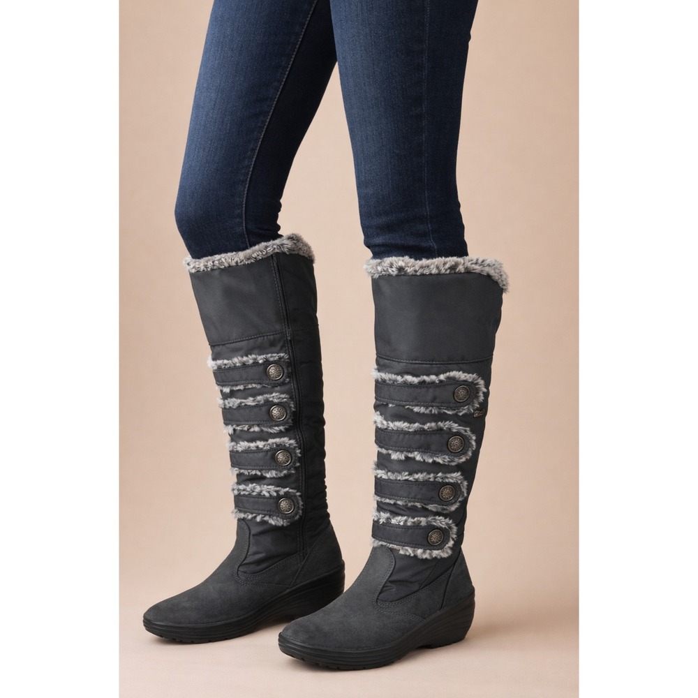 Pajar Women's Knee High Faux Fur Trim Boots Winter Snow Button Grey Size 39 US 8 - Picture 1 of 12